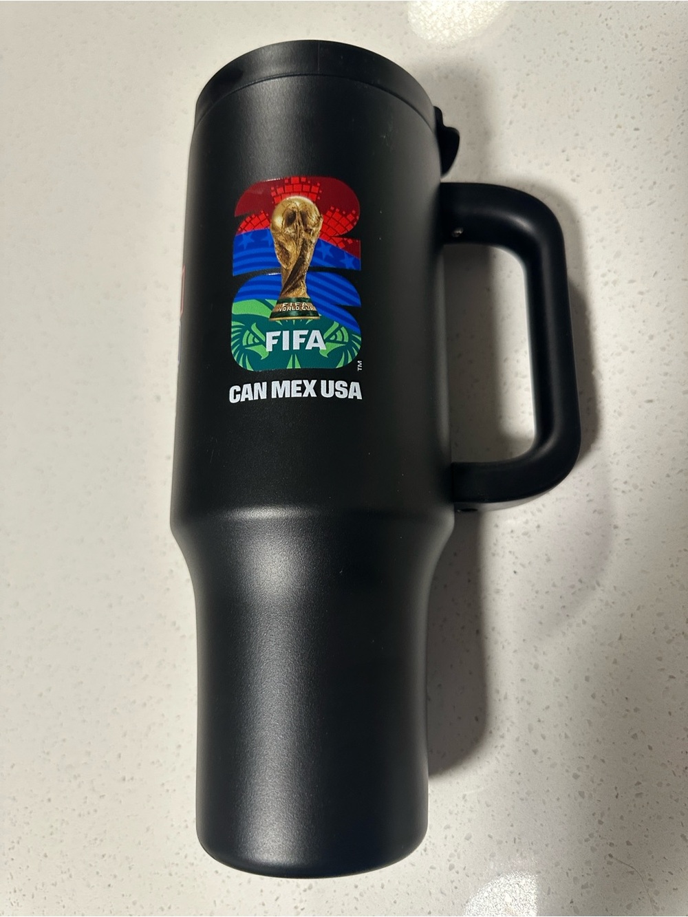 Official FIFA Black 40 oz. Travel Mug with Handle - CAN MEX USA World Cup Design